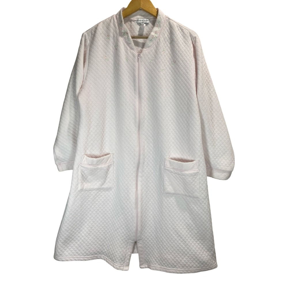 Miss‎ Elaine Pink Quilted Zip Front Robe Floral Embroidered Housecoat L Large